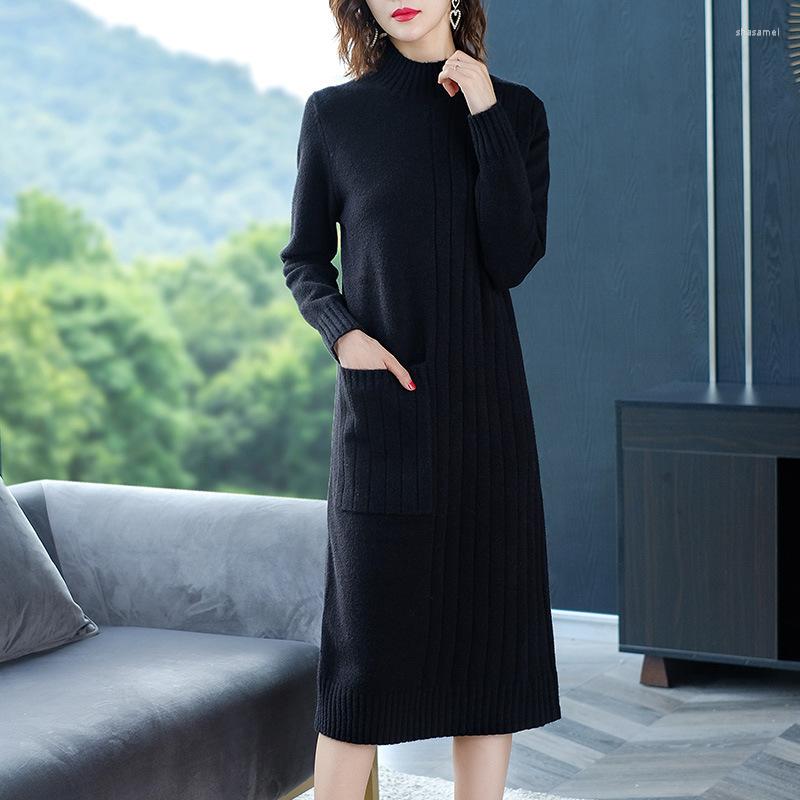 

Casual Dresses 2023 Mid-length Bottoming Shirt Knitted Dress With Coat Half Turtleneck Skirt Ladies Autumn And Winter