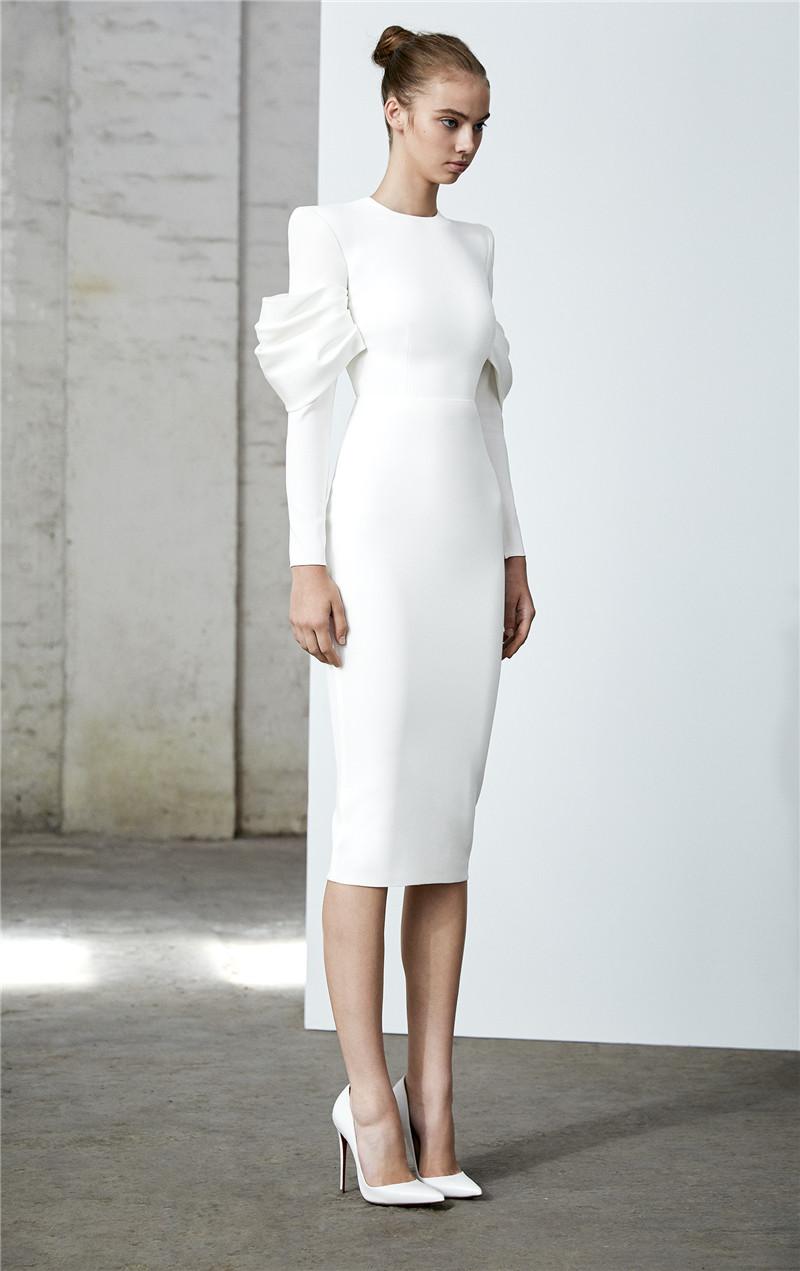 

Casual Dresses Fashion White Long Sleeve Knee Length Skinny Women's Bandage Evening Party Dress Winter