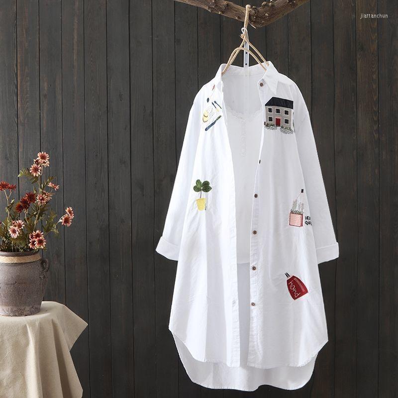 

Women' Blouses Spring/Summer Cotton Shirt Women' Loose Medium Long Blouse Women Embroidered Sun Protection Dress, White