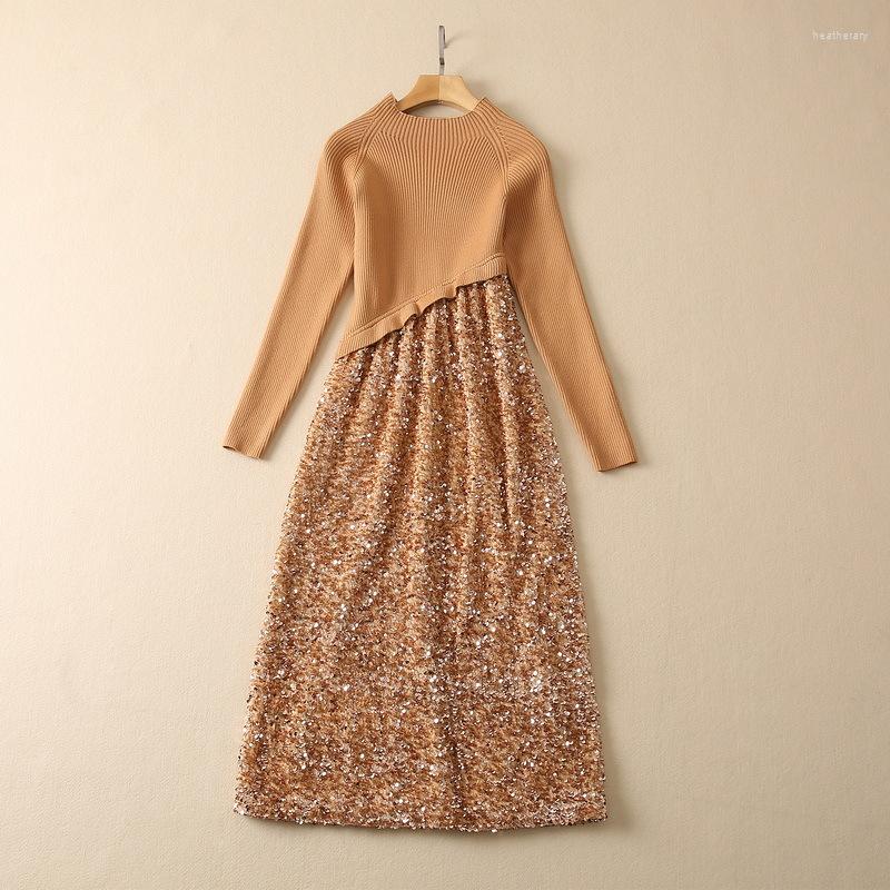 

Casual Dresses European And American Women' Wear For Winter 2023 Long Sleeve Knitted Stitching Velvet Heavy Sequins Fashionable Dress, Black