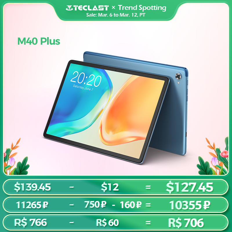

Teclast M40 Plus 10.1 inch Tablet Android 12 1920x1200 8GB RAM 128GB ROM MT8183 8 cores GPS Type-C Metal body, Blue