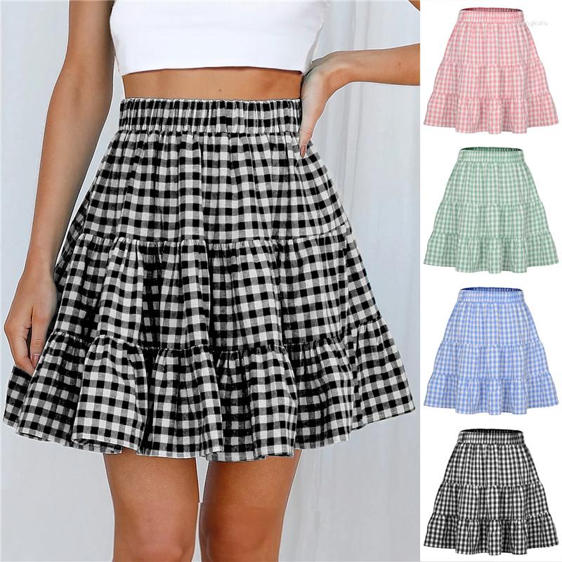 

Skirts Women Casual Short Skirt Plaid High Elastic Waist A-Line For Lady Summer Black Pink Blue Green Pleated