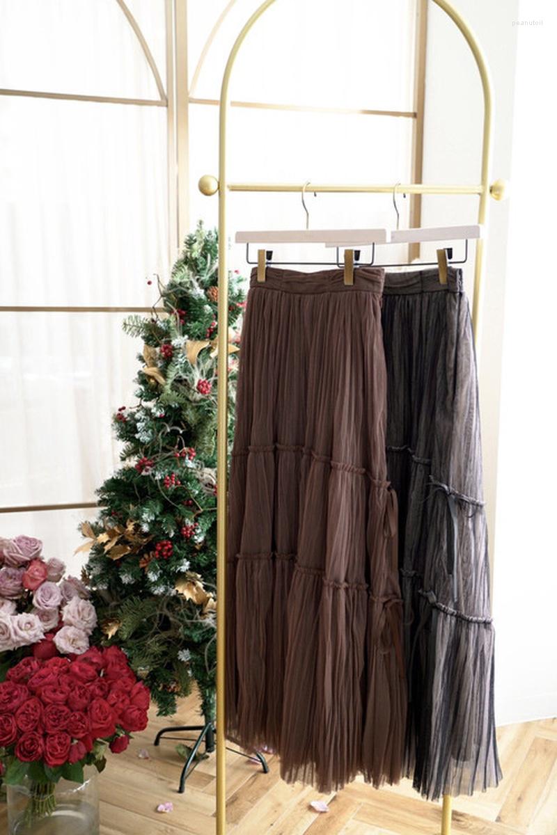 

Skirts Fashion Voile Drawstring Bow Women Skirt 2023 Spring Elegant Mid Length Sweet High Waist Pleated Femme Jupe, Black
