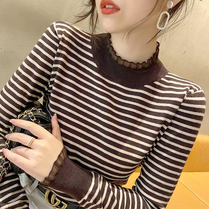 

Women's Sweaters Lace Spliced Half High Neck Striped Knitting Pullover Coat Women Long Sleeved Autumn And Winter Foreign Sweater, Black