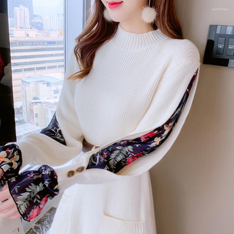 

Casual Dresses O-Neck Flare Sleeve Split Fork Floral Printing Chiffon Patchwork Knee-length Belt Decoration Ladies Irregular Hem Loose, Black