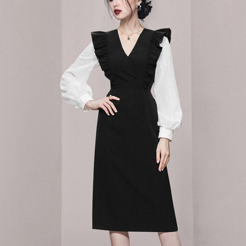 

Casual Dresses 2023 Early Spring Ruffle OL Women Dress Elegant Office Lady French Style Pleated Shoulder Fake Two Pieces Ladies, Black