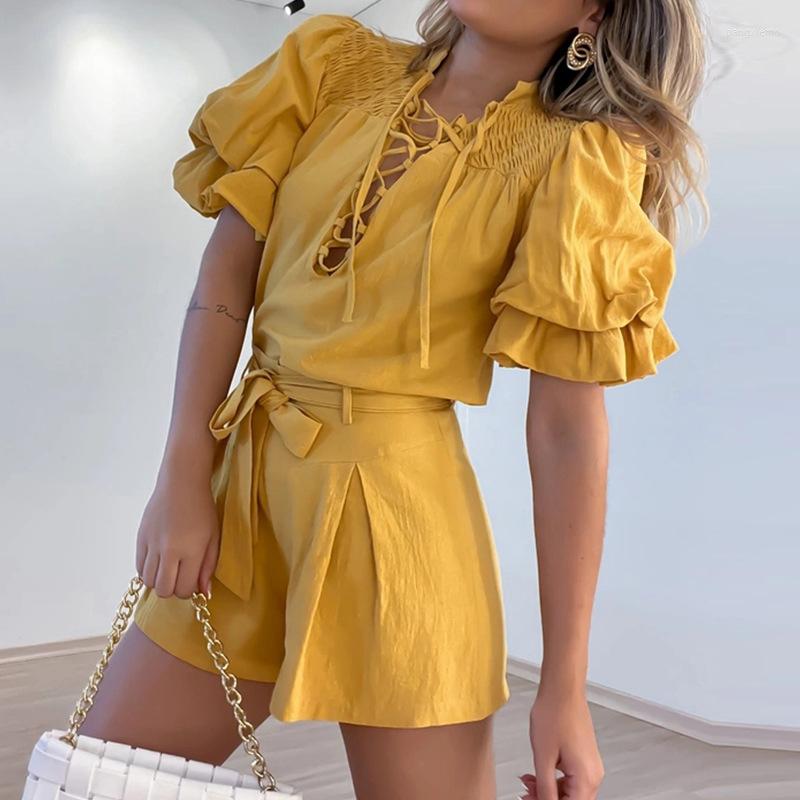 

Women's Tracksuits Sexy Criss-cross Hollow Blouse & Lace-up Short Sets Office Elegant Solid Two Piece Suit Women Fashion Bandage Shirt, 05 yellow