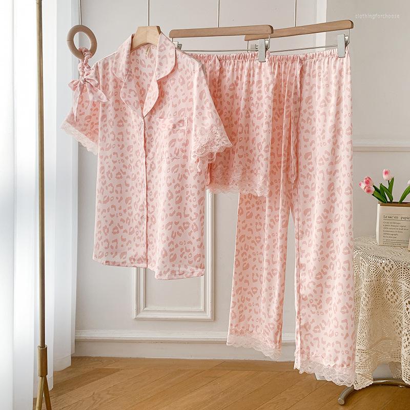 

Women's Sleepwear Sexy Women Leopard Printed Lace Trim Short Sleeve Shirt Shorts Pants Headband 4Pcs Homewear Female Pajamas Set, Hyf624