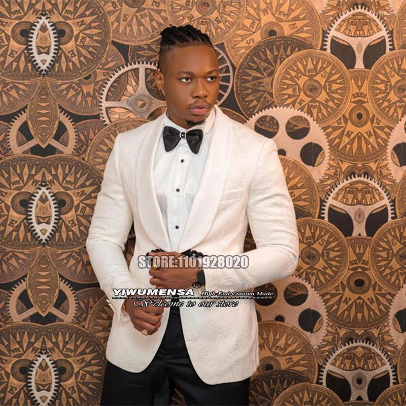 

Men's Suits Formal Men Slim Fit Ivory Jacquard Jacket Black Pant 2 Pieces Terno Groom Wedding Tuxedo Male Business Smoking Blazer Set