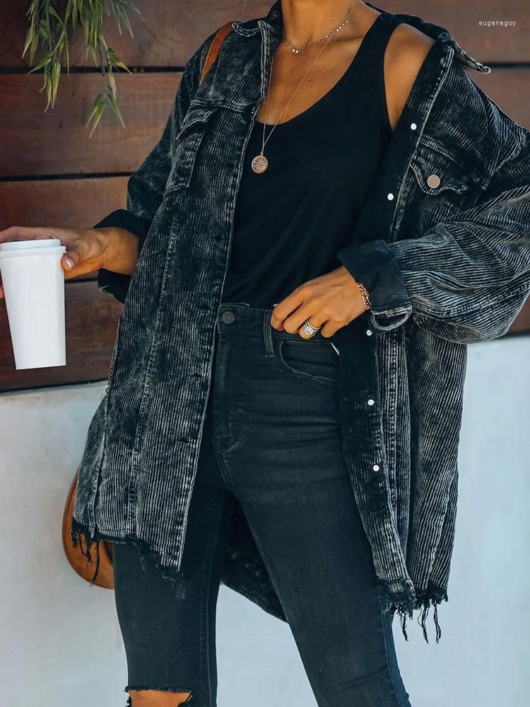 

Women's Blouses Women Oversized Corduroy Shirt Coat Vintage Long Sleeve Loose Casual Elegant Solid Color Lapel BF Style Top Female, Black