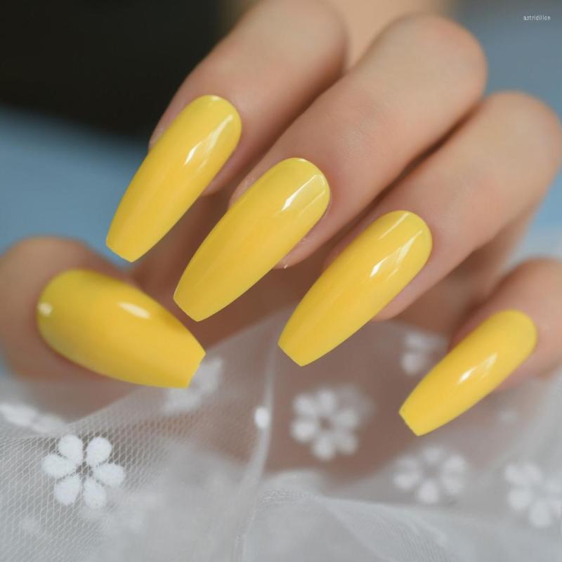 

False Nails Neon Bright Leon Yellow Press On Extra Long Coffin Ballerina Shape Gel Glue Fingersnails Free Adhesive Tapes, L5240