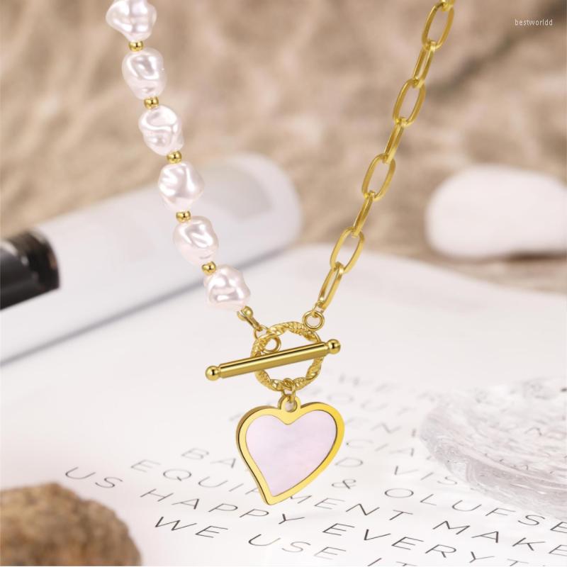 

Pendant Necklaces French Romantic Style Luxury 18k Gold Plated Steel Shell Heart Shape Pearl Chain Necklace For Women/Girls