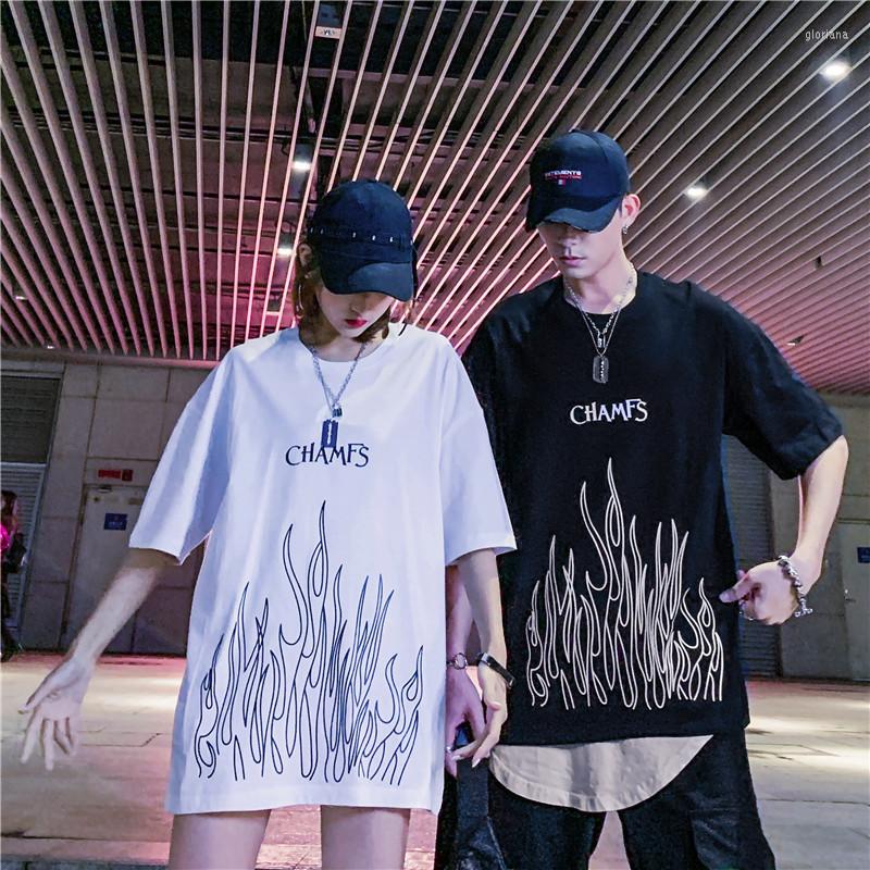 

Men' T Shirts Japanese Style Fire Print T-Shirts Men Women Streetwear Hip Hop Casual Short Sleeve Tees Hipster Summer Tops Tshirts Couple, White