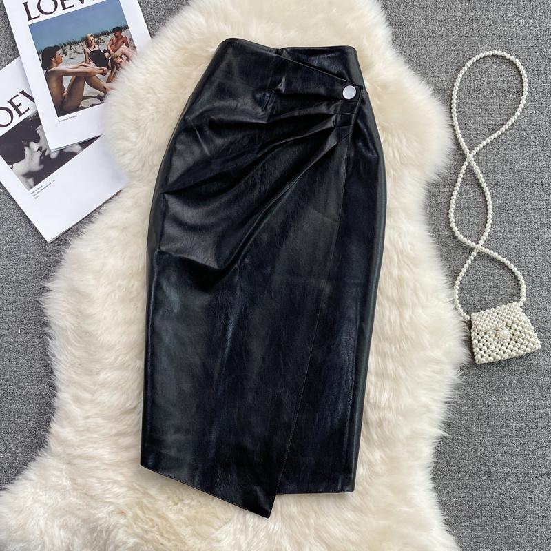 

Skirts Women' Fashion Bodycon Black OL Leather Skirt 2023 Spring Irregular Medium Length Over Knee High Waist Split PU