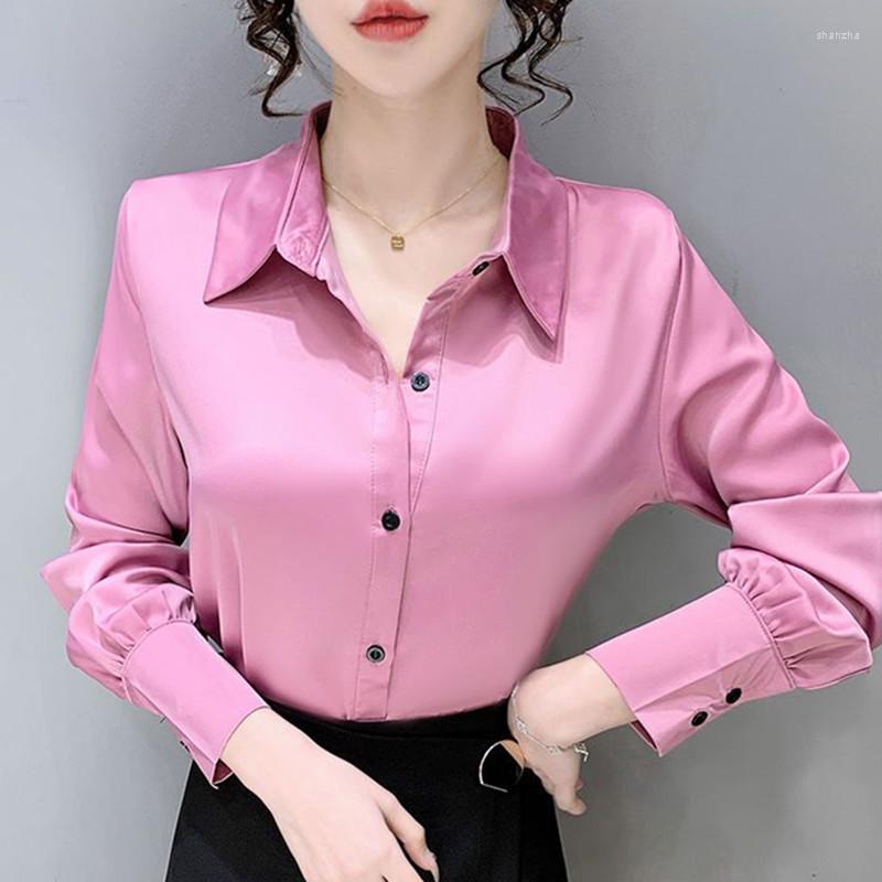 

Women' Blouses Korean Autumn Silk Long Sleeve Women Shirt SATIN Turn-down Collar Office Lady Tops White Blouse Camisas De Mujer, Khaki