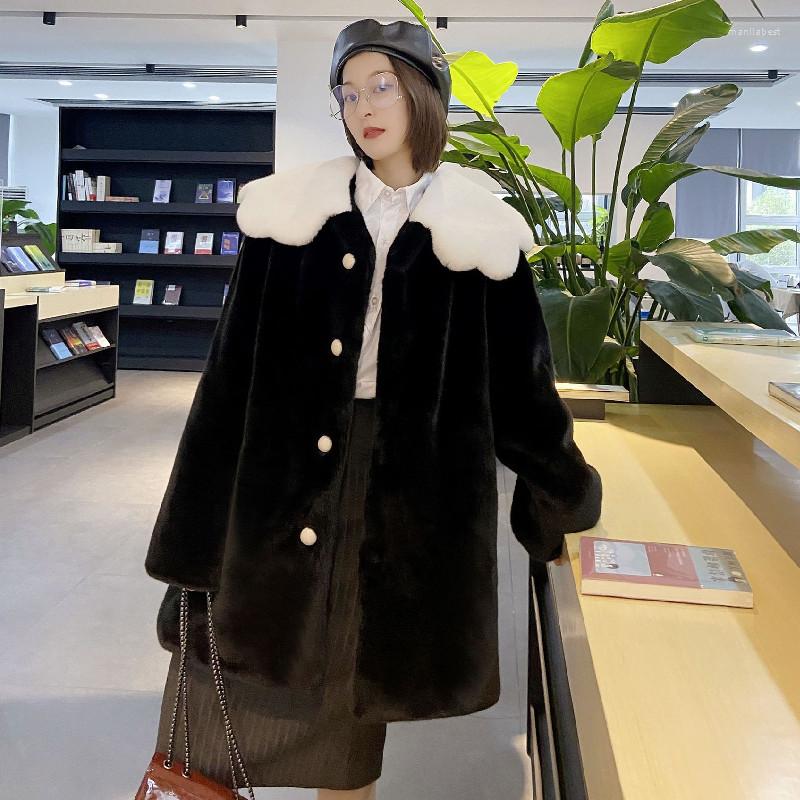 

Women's Fur Winter Thick Warm Coat Women Lotus Leaf Collar Faux One Mid-length Sheep Shearing Lamb Wool, Black