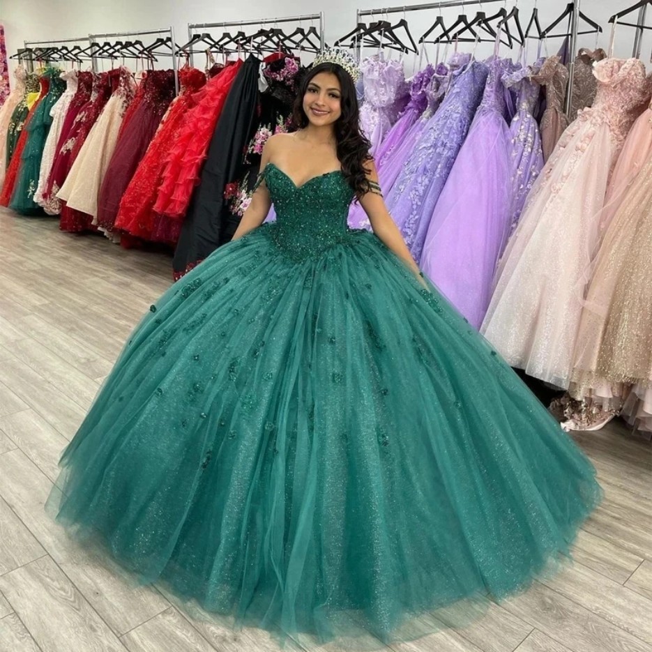 

Shiny Emerald Green Ball Gown Quinceanera Dresses Off-Shoulder 3D Flowers Lace For 15th Birthday Party Prom Dress, Purple