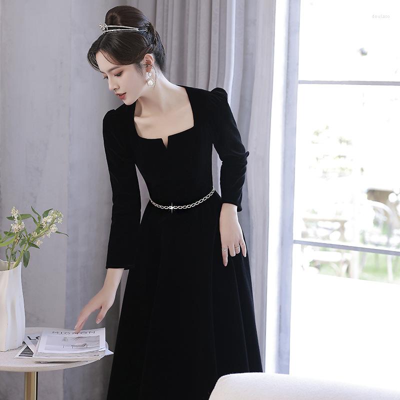 

Ethnic Clothing Luxury Women Black Velour Square Neck Evening Dresses Long Sleeve A-Line Formal Party Prom Gown