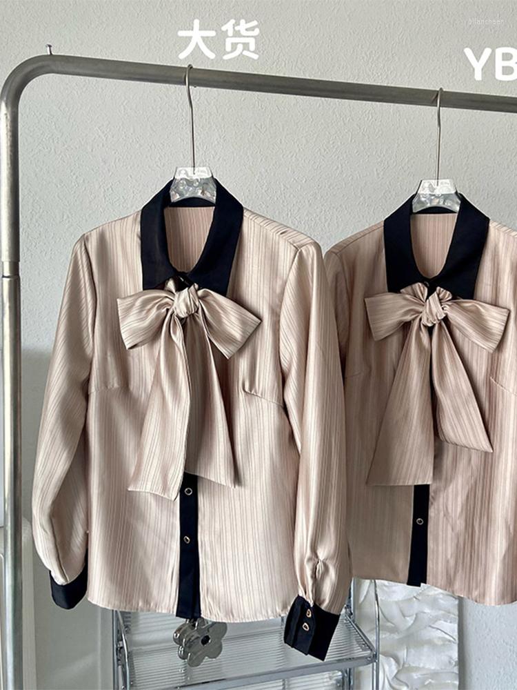 

Women' Blouses Women Autumn Winter 2023 Contrast Color Vintage Striped Baggy Long Sleeve Lace Up Bow Elegant Basic Shirt Oversize, Pink