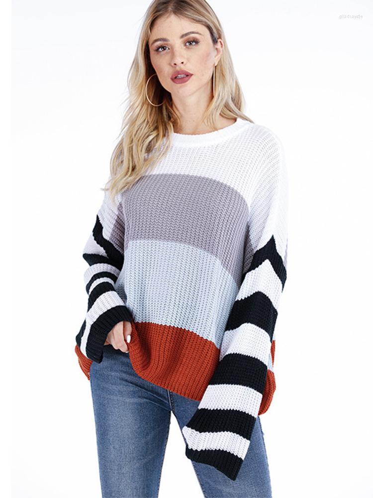 

Women' Sweaters 2023 Loose Slim Fashion Color Matching Knitted Sweater Women Winter Lazy Wind Striped Lady Round Neck Long Sleeve Tops, Brown