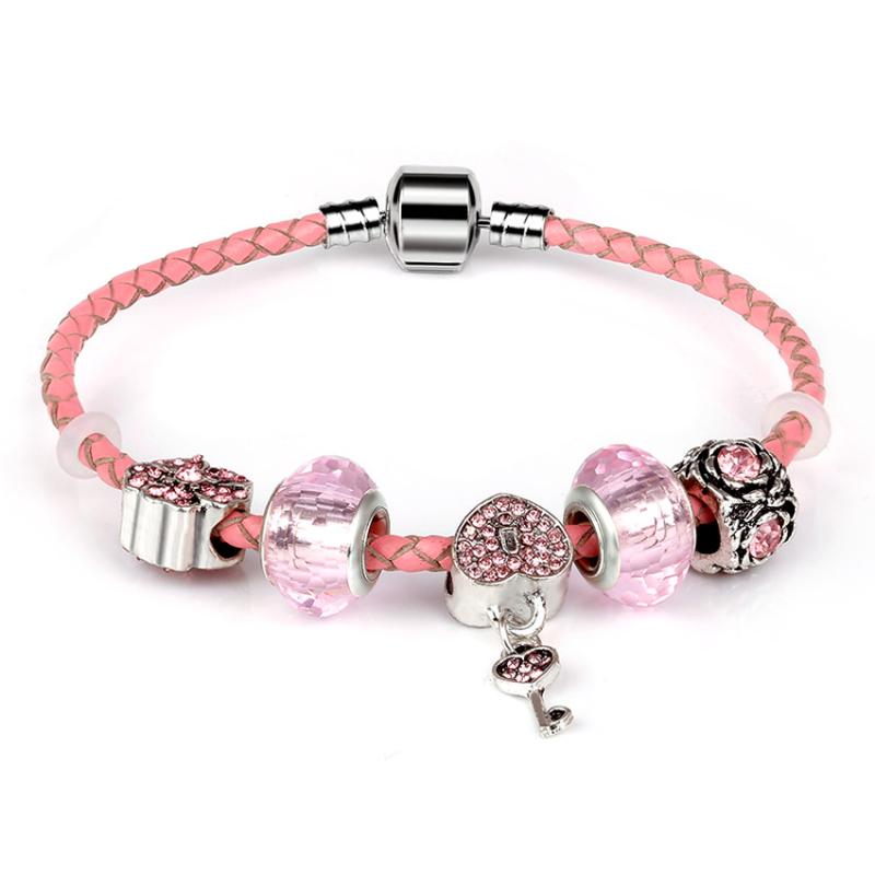 

Link Bracelets Pink Genuine Lether Charm Bracelet With Glass Beads Key Heart For Women Wedding Vintage Jewelry Love Gift Chain