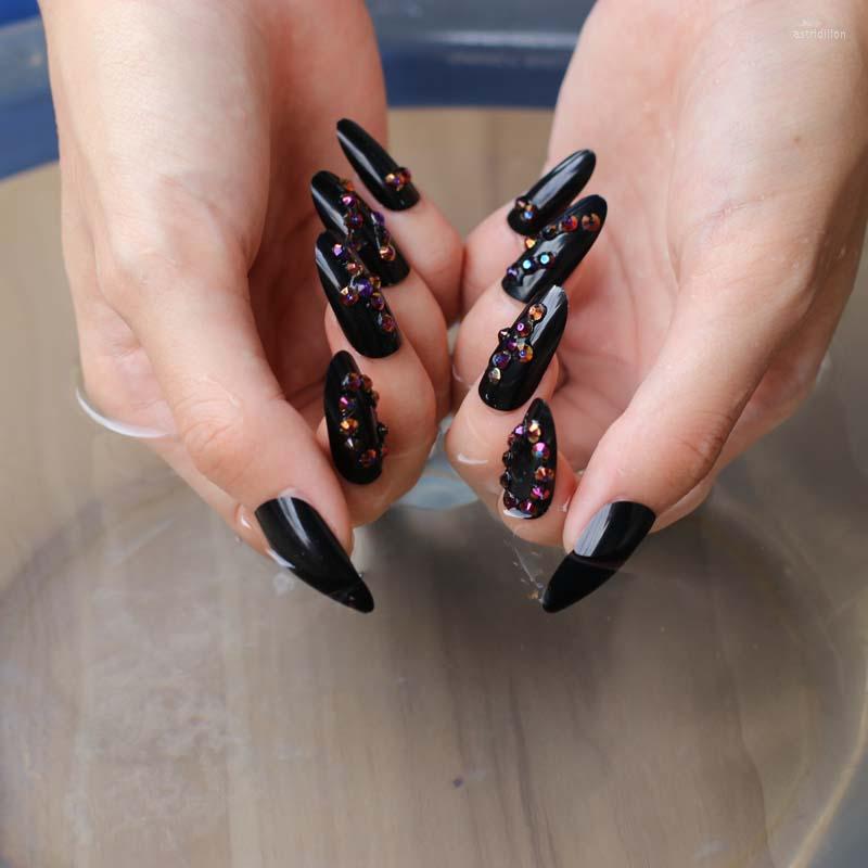 

False Nails Luxury Handmade Crystal Diamond Candy Fake Nail Jewelry Long Round Head 24pcs Black, 1pcs