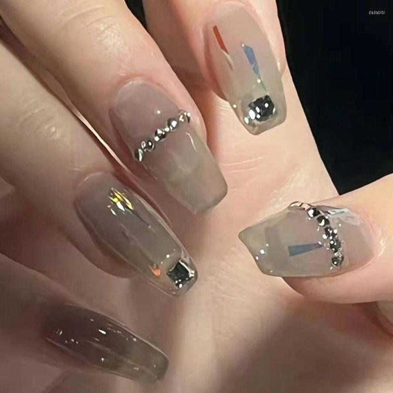 

False Nails Detachable DIY Fake Nials Grey Crystal Ballerina French Long, As show