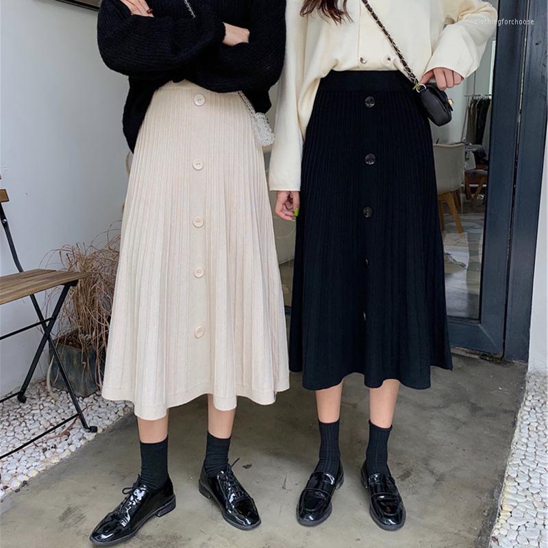 

Skirts Autumn Winter Women Knitted Skirt Long Single Breasted Button A-line Mid-calf Ladies Casual Pleated Middle Female, Black