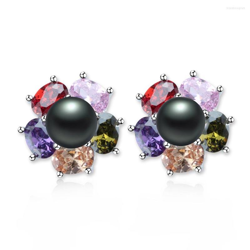 

Stud Earrings 925 Sterling Silver Colorful Flower Zircon For Women Real Bread Round Natural Freshwater Pearl Fine Party Jewelry