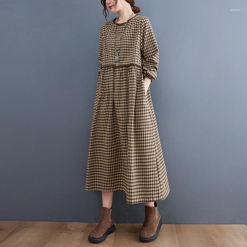 

Casual Dresses 2023 Fashion Plaid Patchwork Lace Long Sleeve Autumn Dress Cotton Linen Office Lady Work Women Midi L225, Black