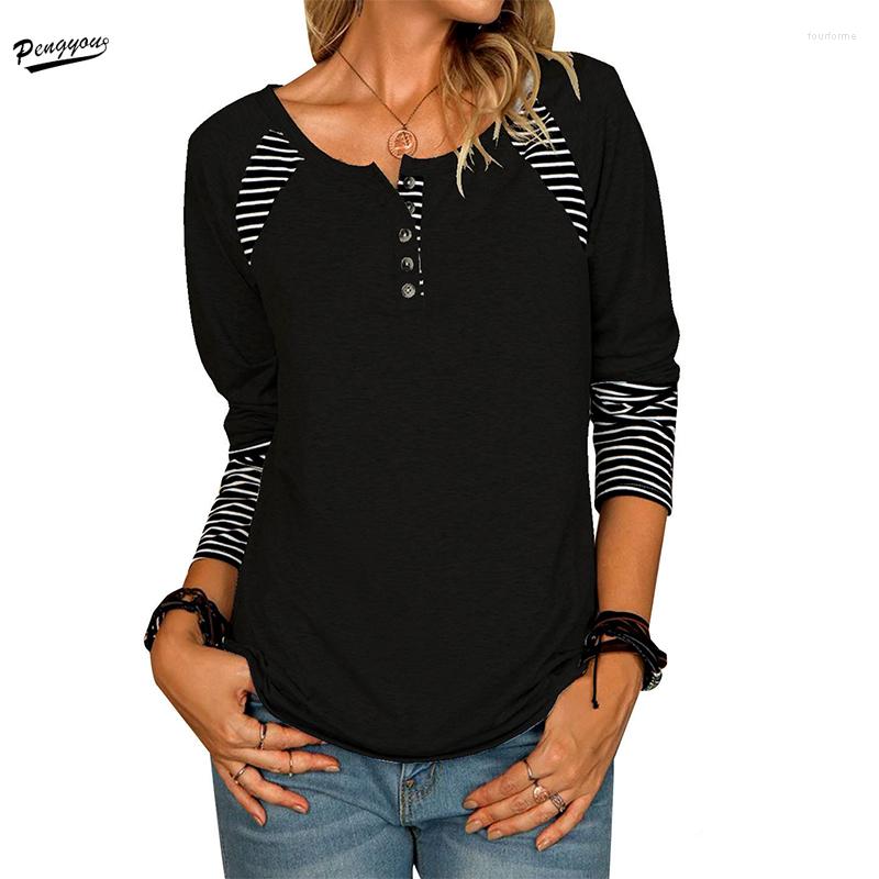 

Women' T Shirts 2023 Spring Striped Print T-shirt Women Casual Long Sleeve Round Neck Button Tee Tops Stitching Pullover Straight Female, Gray