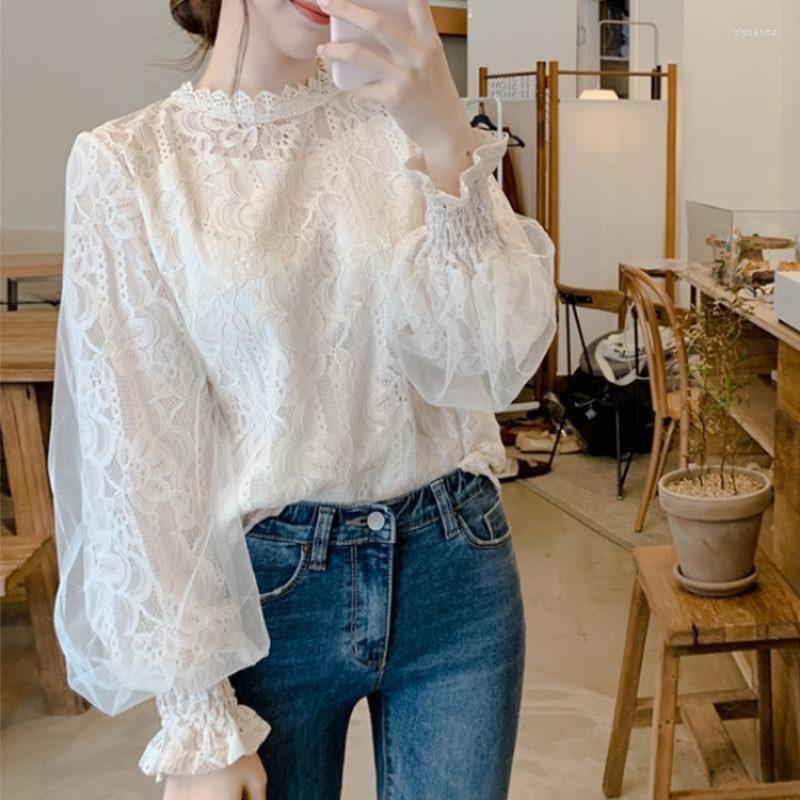

Women' Blouses Elegant Chic Woman Blouse Free Spring And Summer Korean Style Lace Stitching Long-sleeved Sweet Inner Shirts, White