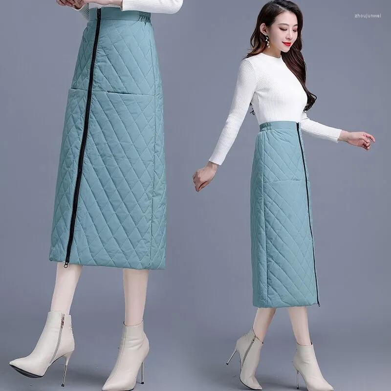 

Skirts Winter Warm Down Cotton Women 2023 Fashion Mid-length Thicken Windproof Zipper Pocket Ladies A-Line Skirt, Light blue