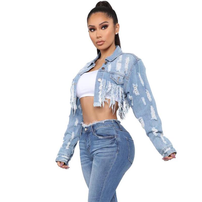 

Women' Jackets Women Denim Jacket Sexy Ripped Hole Tassel Coats Casual Loose Turn-down Collar Long Sleeve Cropped StreetwearWomen, Light blue