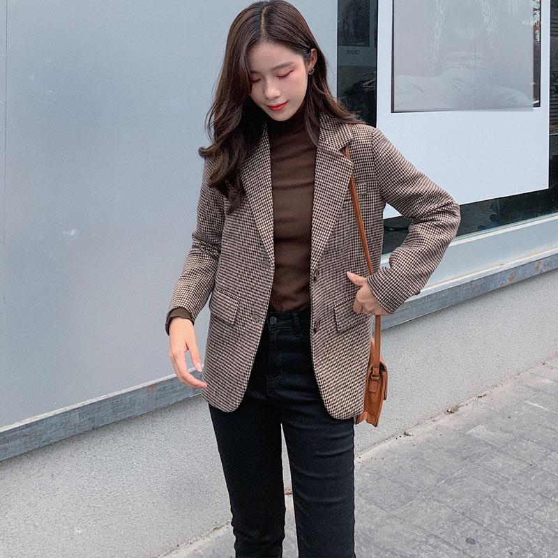 

Women' Suits Vintage Loose Women Jacket Plaid Blazer 2023 Autumn Winter Chic Single-breasted Female Suit Jackets Stylish Ladies Outwea, Brown