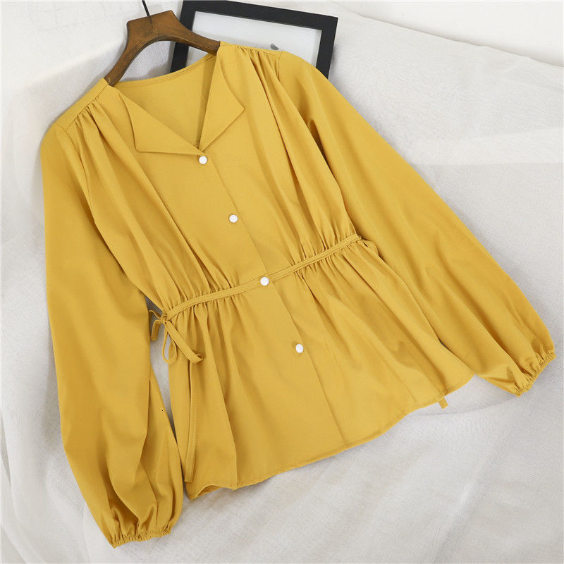 

Women's Blouses Shirts Spring Korean Lace-Up Adjust Waist Shirt Women Sweet Elegant V-Neck Long Sleeve Chic Blouse Vintage Single-Breasted chiffon tops 230313, Black