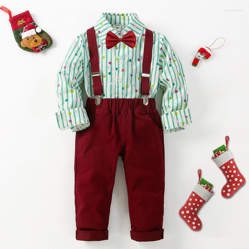 

Clothing Sets Long Sleeve Outfit Birthday Baby Boy Clothes Green&Red Plaid Shirt Pant Strap 4 PCS/Set Infant Children Christmas Costume, Dark red