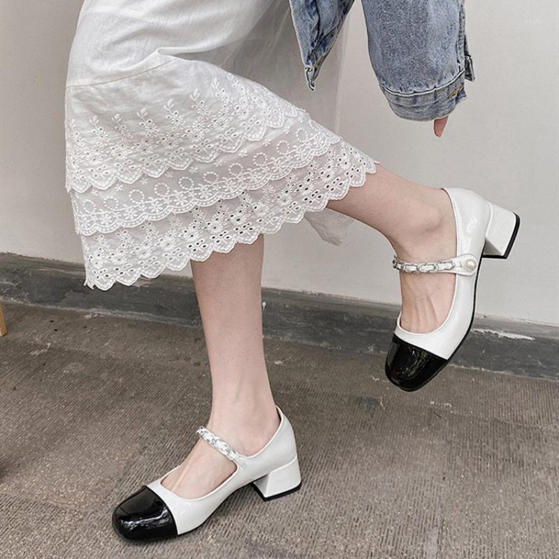 

Dress Shoes Women's Thick Heel Leather Spring Retro Square Toe Color Matching Mid-heel Mary Jane High Heels Ballet, White