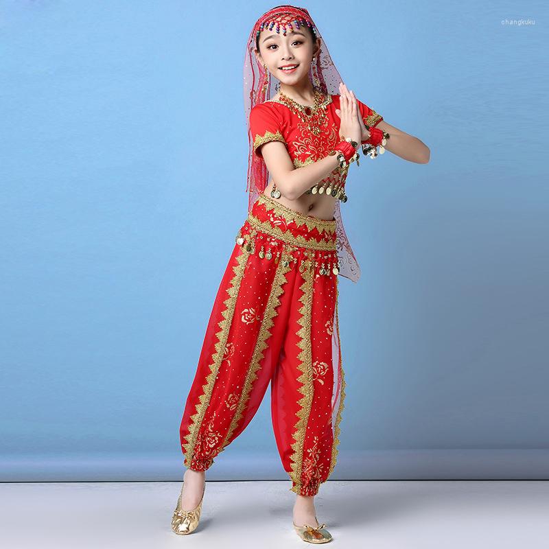 

Stage Wear 2023 Children Belly Dance Clothes Girls Outfits Bollywood Costume Set 5pcs (Top Belt Pants Sari Handband), Royal blue
