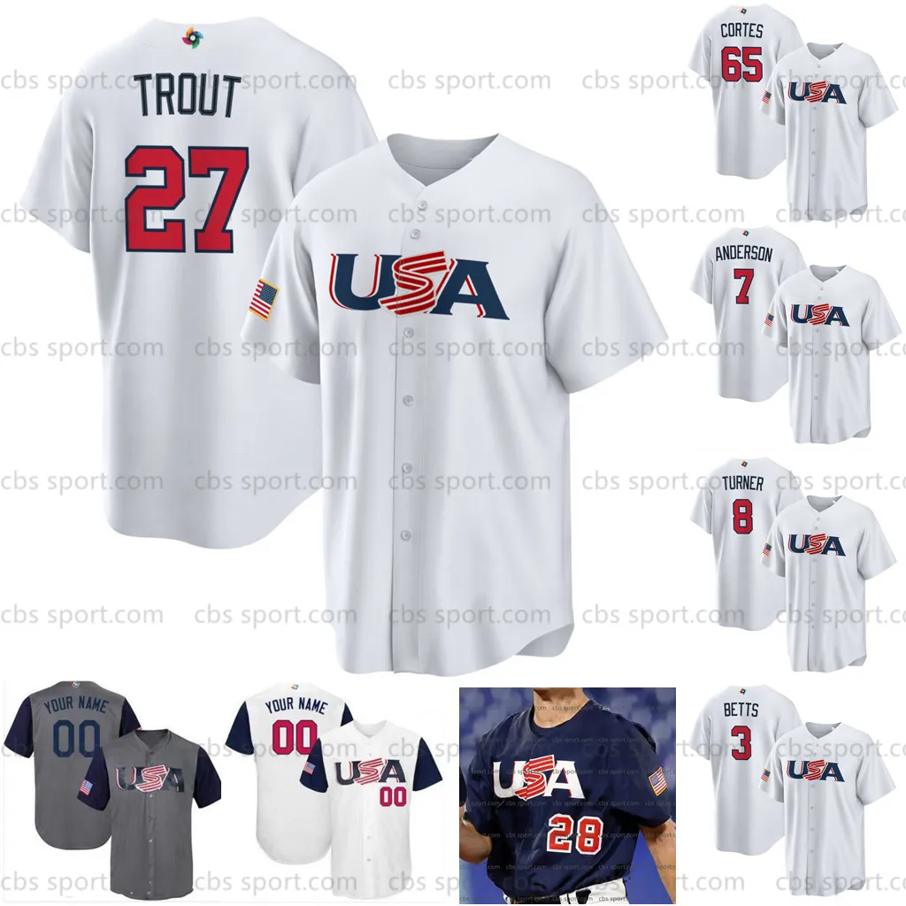 

CUSTOM 2023 World Baseball Classic WBC Team USA Jersey Mike Trout Bobby Witt Jr. Nolan Arenado Nestor Cortes Clayton Kershaw Realmuto Betts, Coolbase 2023 white