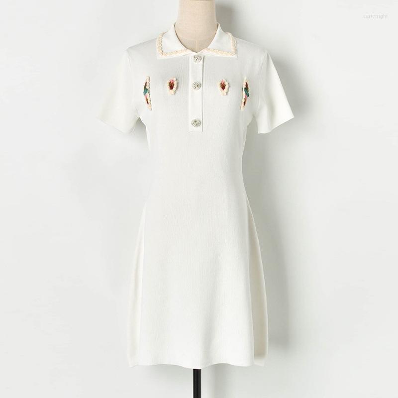 

Party Dresses Cute Knitted Polo Dress Women 2023 Summer 3D Floral Embroidery Black Short Sleeve Turn-Down Collar A-line Casual