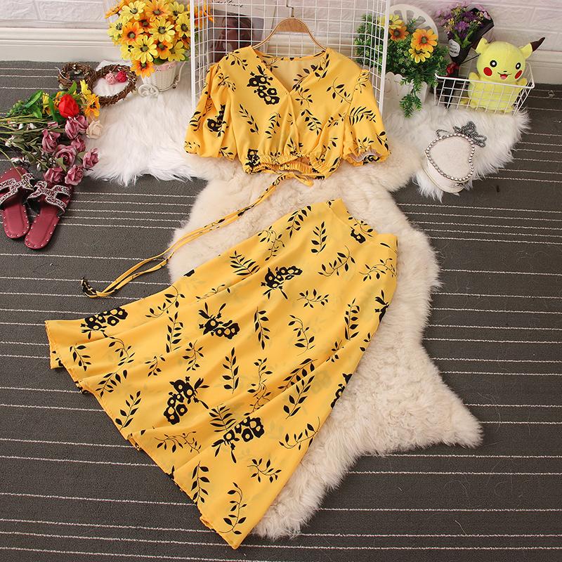 

Work Dresses Hikigawa Chic Fashion 2 Piece Women Set Sweet Elegant V Neck Drawstring Printed Cropped Top Vintage High Waist Skirt Streetwear, Yellow