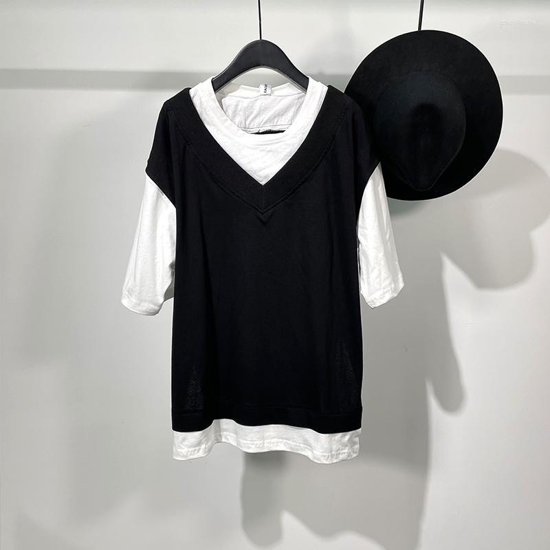 

Men' T Shirts 2023 Summer Original Trendy Men' Dark Black Fake Two V-neck Loose Short Sleeve T-shirt Harasukawa Contrast Color
