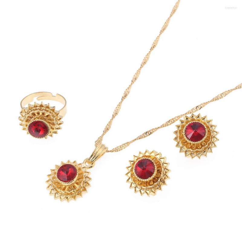 

Necklace Earrings Set Ethiopian Trendy Jewelry Gold Color Crystal Pendant Ring Middle Easter Habesha Wedding, Picture shown