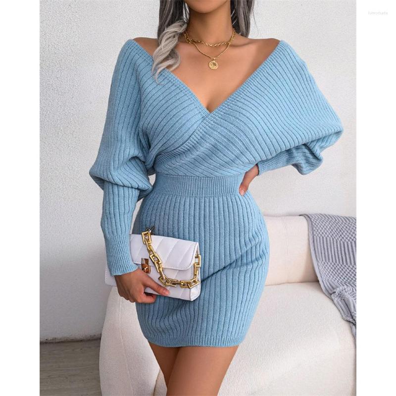 

Casual Dresses Fashion Women Batwing Sleeve V-Back Sweater Dress 2023 Autumn Winter Long Sexy Mini Bodycon Female Clothes, Black