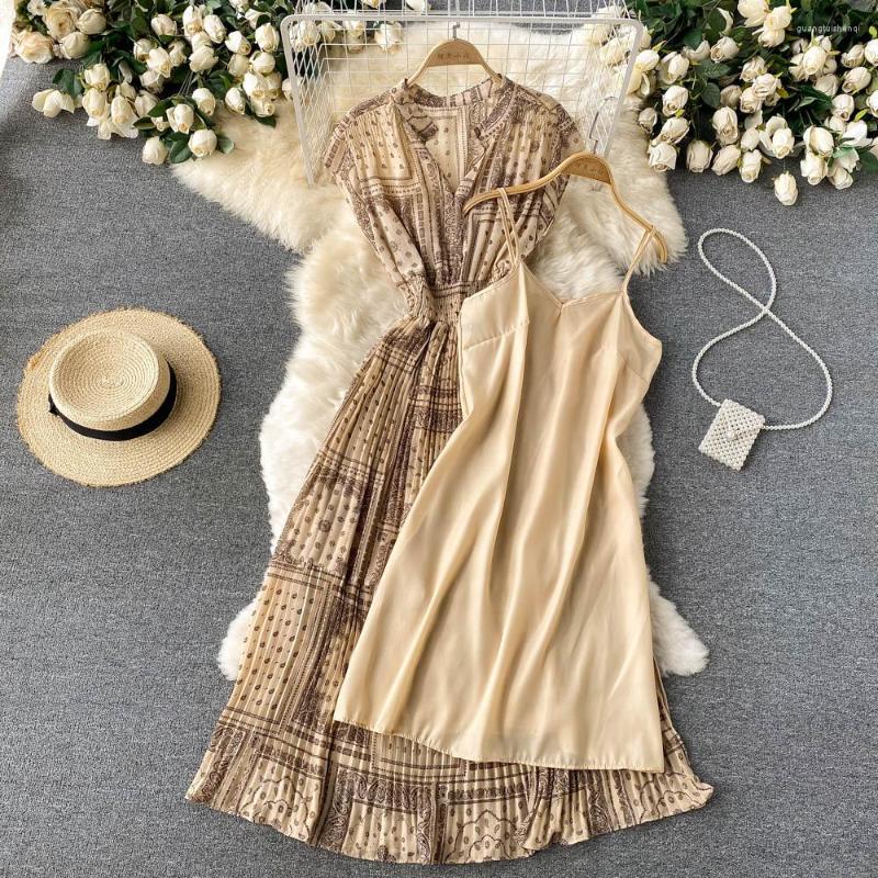 

Casual Dresses Vintage Chiffon Long Dress Women Summer Clothing Printed Pleat Elegant O Neck Sleeveless High Waist Draped Beach Vestidos, Black