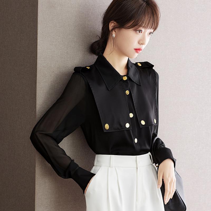 

Women' Blouses Satin Shirt For Women Summer 2023 In Solid Casual Loose Fashion Long Sleeve Top Fashionable Turn-down Collar Black