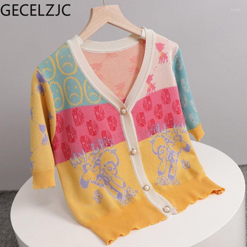 

Women' Knits GECELZJC Women Cardigan Office Lady V-Neck Short Sleeve Sweet Summer Tops Femme Japanes Style Fashion Loose Sweater Female, Photo color