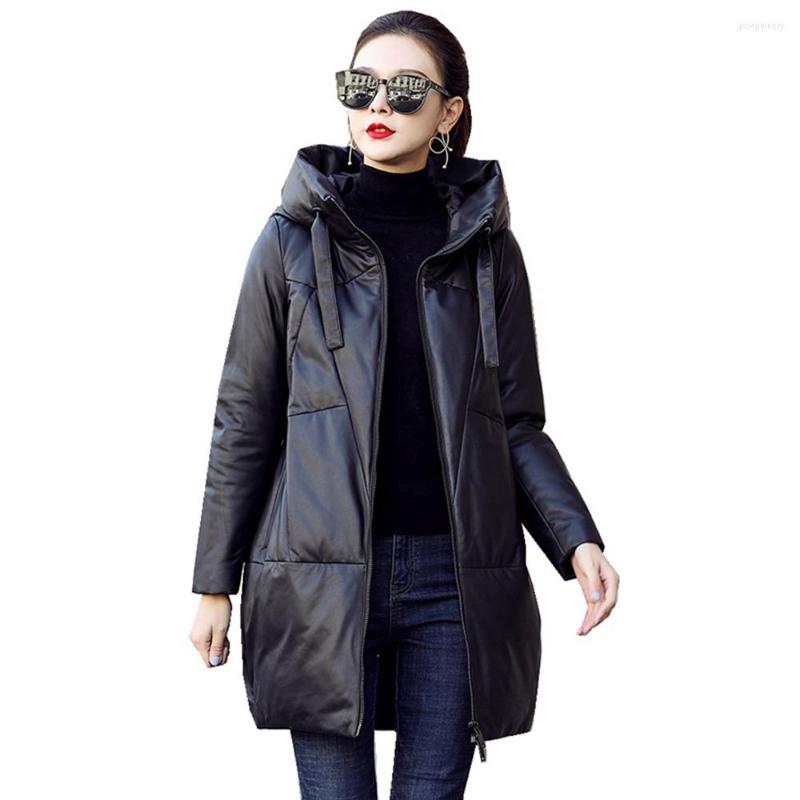 

Women's Leather European Genuine Sheepskin Suede Down Hoody Coat Women Long Outerwear Overcoat LF2306BM, Black