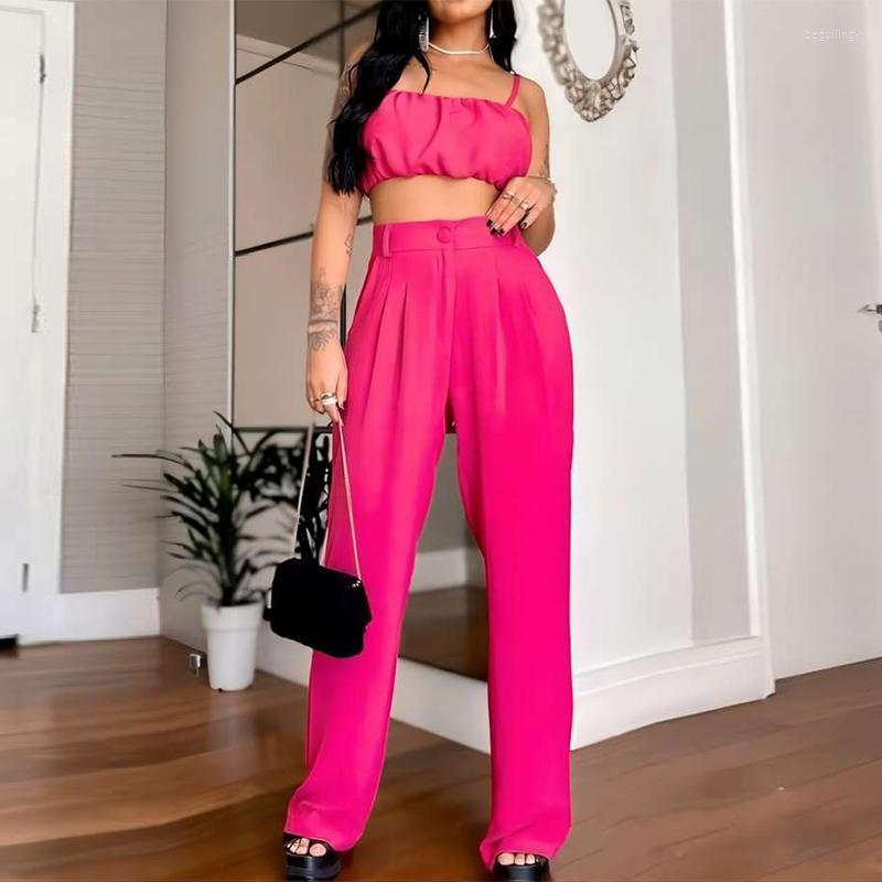 

Women's Tracksuits Sexy Sling Crop Tops And Long Pant Outfits 2023 Women Casual Sleeveless Solid Two Piece Suits Office Elegant Commuter, 03 rose red